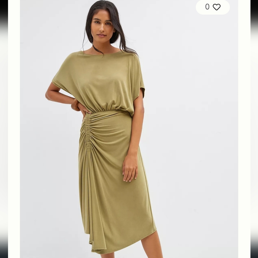 Anthropologie Ruched Modal Maxi Dress Green Cinched Waist Size Small